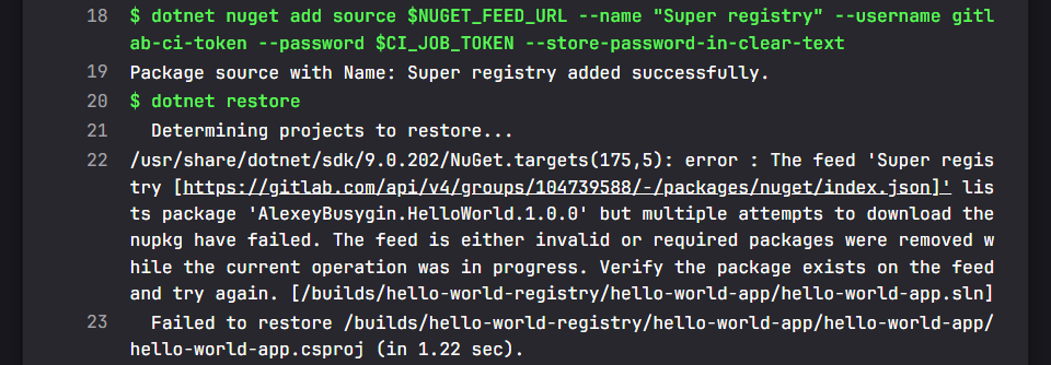 The feed is either invalid or required packages were removed while the current operation was in progress. Verify the package exists on the feed and try again.